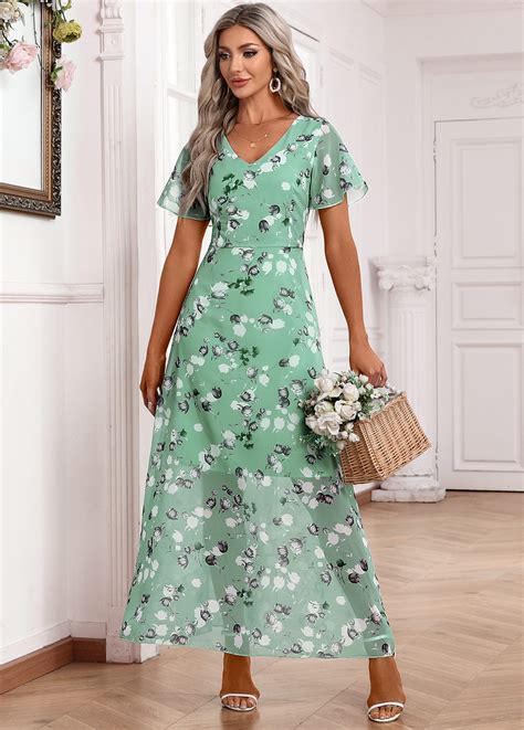 Floral Print Zipper Light Green Maxi Short Sleeve Dress | Rosewe.com ...