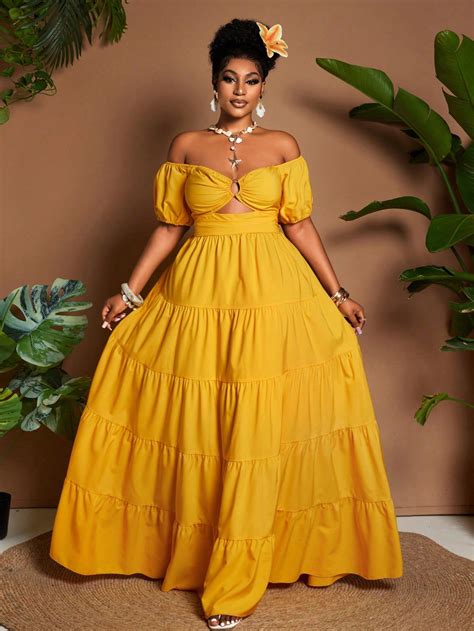 Plus Size Off Shoulder Solid Color Dress, Fashionable For Summer in ...