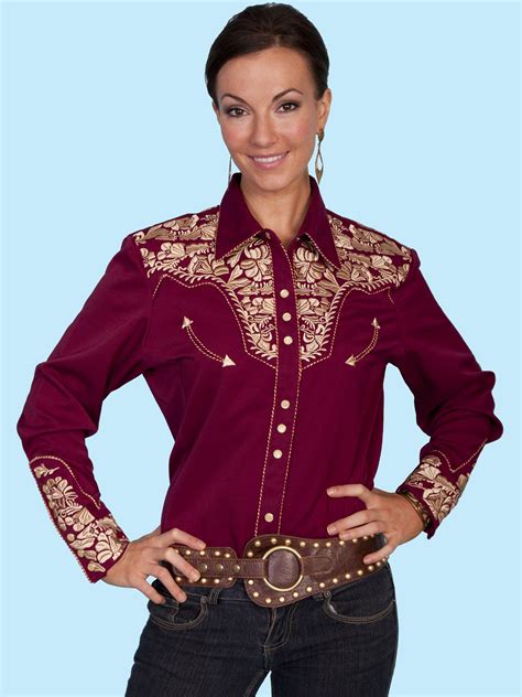 Scully® Womens Burgundy and Gold Embroidered Yoke LS Western Show Shirt ...
