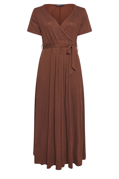YOURS Plus Size Brown Dot Print Maxi Wrap Dress | Yours Clothing