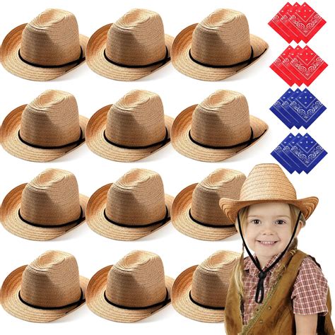 SATINIOR 12 Set Kid Straw Cowboy Hats with Bandanas Cowboy Costume ...