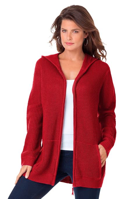 Roaman's Women's Plus Size Thermal Hoodie Cardigan Zip Up Sweater ...