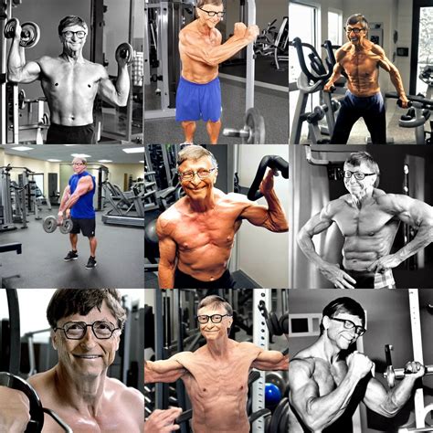 very muscular shirtless bill gates pumping iron, photo | Stable Diffusion