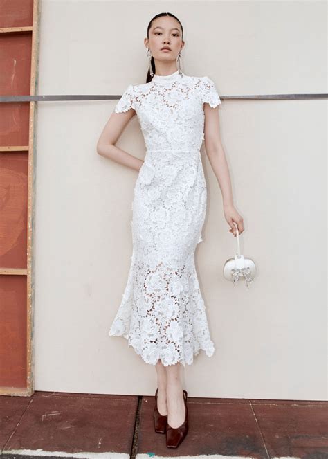 White Flower Lace Midi Dress - self-portrait-US