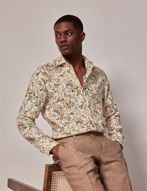 Hawes & Curtis Cream & Green Floral Linen Slim Shirt - Full Cutaway ...