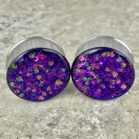 Embedded Pink and Purple Party Time Glitter Double Flare Plugs