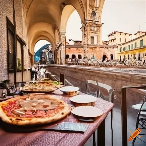 Terrace of a restaurant in verona with pizza, pasta, and wine, happy ...
