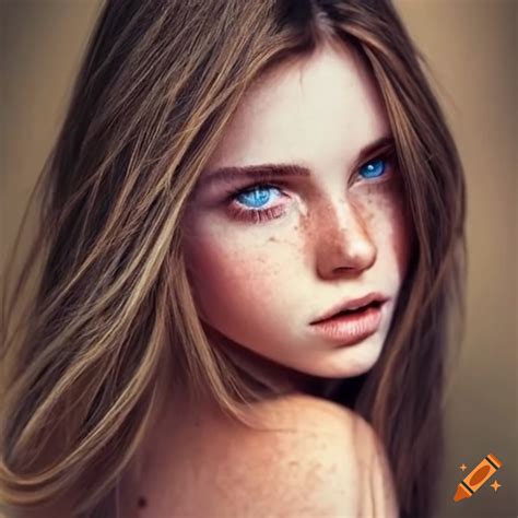 Slim brunette long hair woman cornflower blue eyes freckles