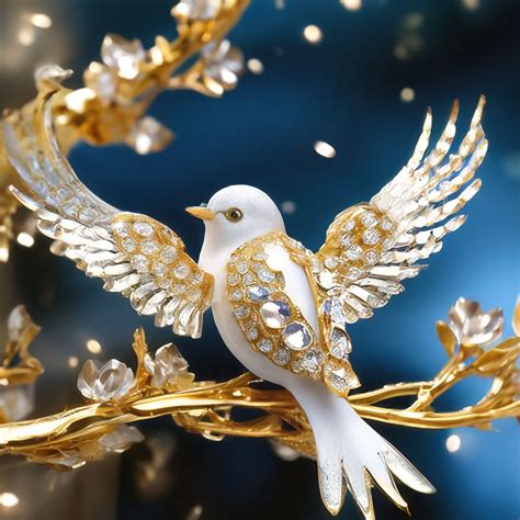 "A white tit made of white gold with diamond wings sits on a golden ...