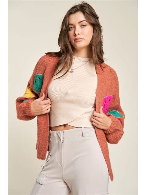 Davi+Dani Naomi Smile Long Bell Sleeve Open Knit Cardigan - Rust Orange ...