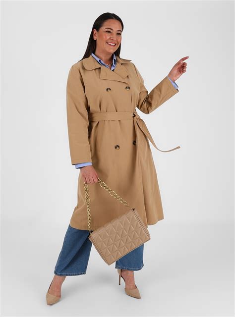 Beige - Unlined - Double-Breasted - Plus Size Trench coat - Alia ...