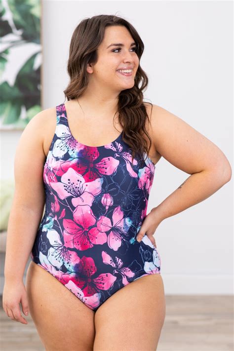 Navy and Fuchsia Floral One Piece Swimsuit · Filly Flair