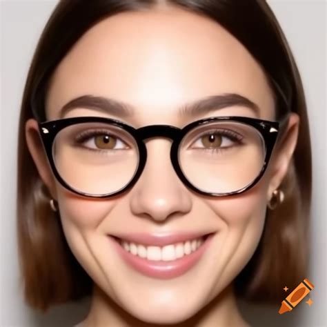 Person with round face, brown eyes, and black thick glasses, smiling on ...