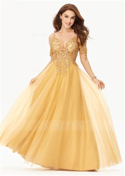 A-line V Neck Tulle Satin Long/Floor-Length Prom Dress With Appliqued ...