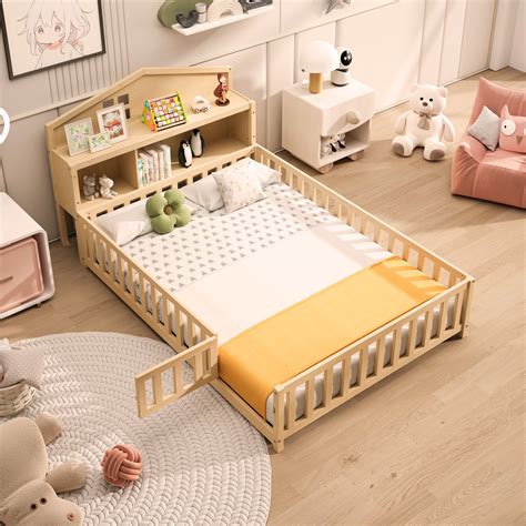 Latitude Run® Montessori Floor Bed with Bookcases and Blackboards ...
