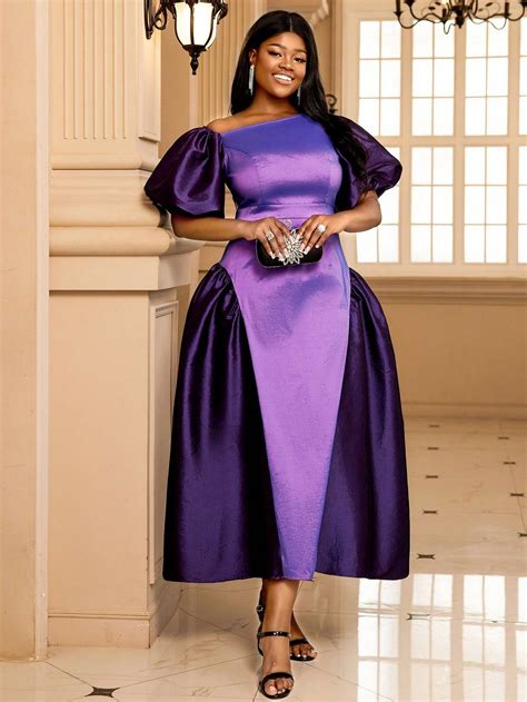 Vestido Plus Size Colorblock Ombro Oblíquo Linha A | Purple long dress ...