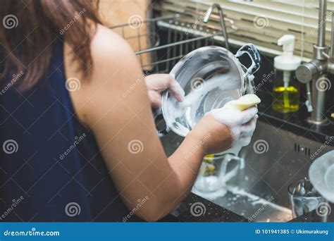 A Woman Washing Bowl Glass by Dish Soap Make Many Bubble Stock Image ...
