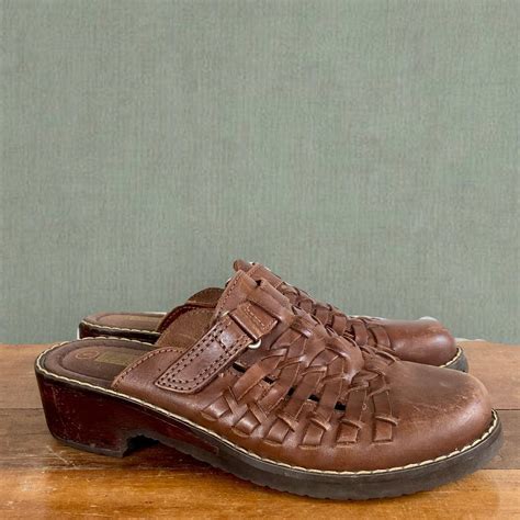 Vintage Brown Woven Leather Clogs Adjustable Strap... - Depop