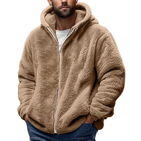 JIUKE Mens Fuzzy Sherpa Jacket Fleece Long Sleeve Full-Zip Hooded Shirt ...