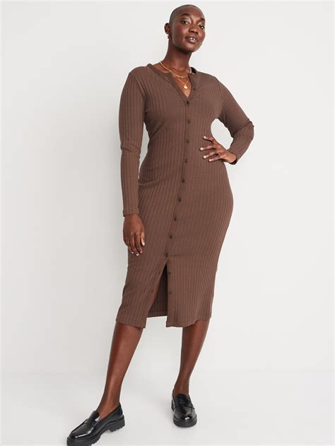 Fitted Rib-Knit Midi Button-Front Dress | Old Navy