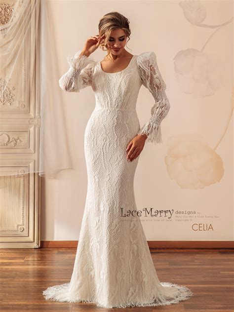 CELIA / Unique Lace Wedding Dress with Long Puff Sleeves - LaceMarry