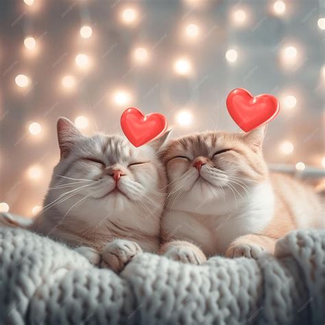 Premium Photo | Couple of cats in love with hearts romantic picture