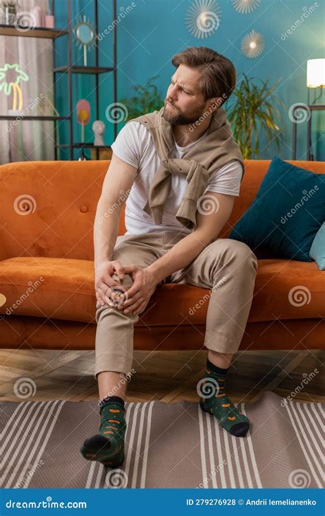 Young Caucasian Man Suffer from Painful Severe Knee Joint Ache Leg Muscles Illness Cramps ...