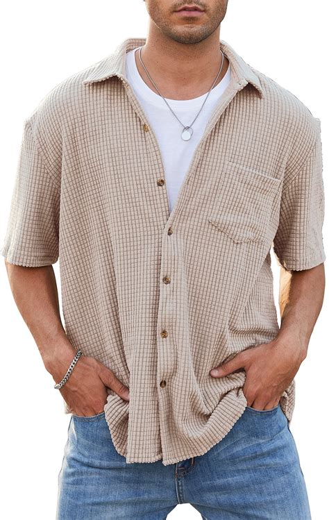 Uiriuy Mens Casual Collared Short Sleeve Button Down Corduroy Shirts in ...