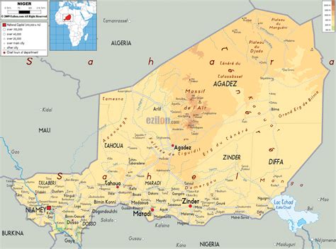 Large physical map of Niger with roads, cities and airports | Niger | Africa | Mapsland | Maps ...