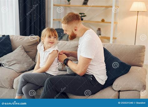 Man Braids the Braids. Father with His Little Daughter is at Home ...