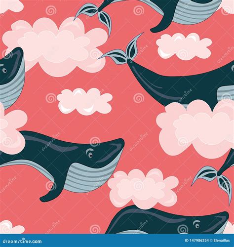Seamless Vector Pattern with Flying, Swimming Whales, Fishes in Pink ...