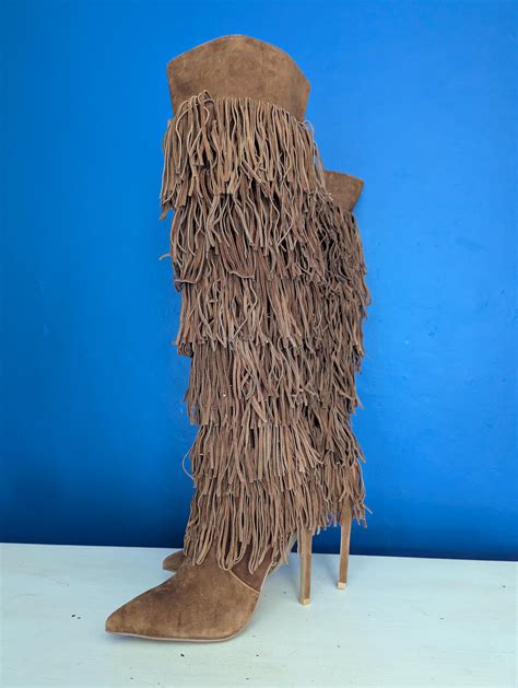 Jeffery Campbell Brown Suede Fringe Stiletto Knee-high Boots (size UK 5 ...