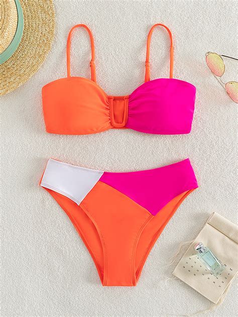 SHEIN Swim Vcay Color Block Bikini Set V-Wired Bikini Set Ruched Bra ...