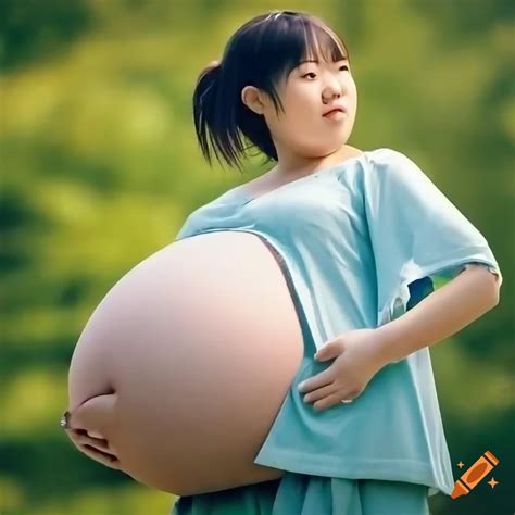 Candid, heavily pregnant, Japanese girl, pendulous belly, giant ...