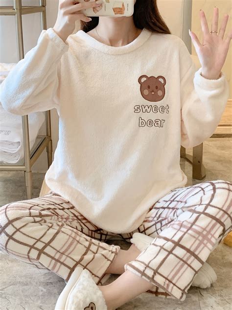Temu｜Cute & Warm Teddy Bear Pattern Loungewear Pajamas, Long Sleeve ...