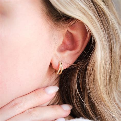 Double Hoop Huggie Earrings, Pave Gold Huggie Hoops, Diamond Earrings ...