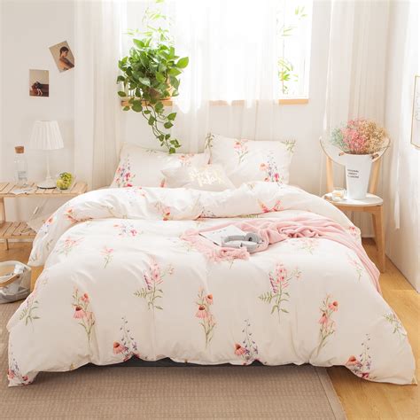 Off-White Floral Queen Duvet Cover Set, Luxury Microfiber Bedding with ...