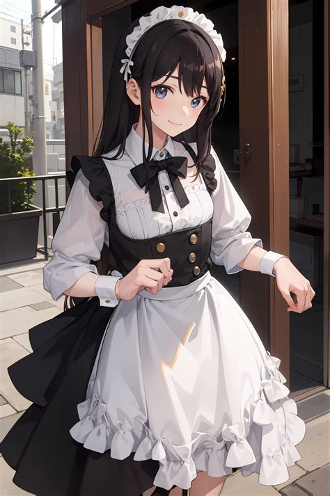 Anime girl in maid outfit standing outside of a building - SeaArt AI