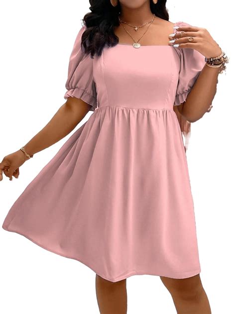 Cute Solid Square Neck A Line Short Sleeve Pink Plus Size Dresses ...