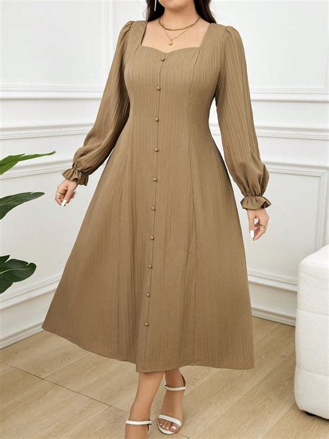 Plus Size Ladies Spring Summer Solid Color Sweetheart Neck Long Sleeves ...