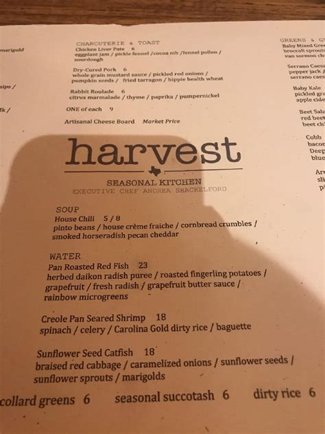 Menu at Harvest restaurant, McKinney