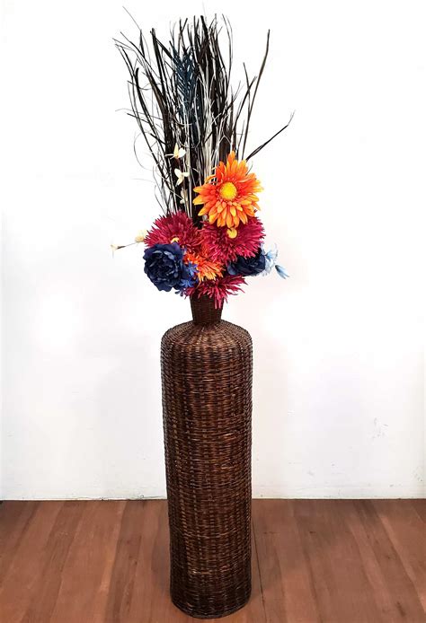 Lot - Tall Wicker Floor Vase & Faux Floral Arrangement