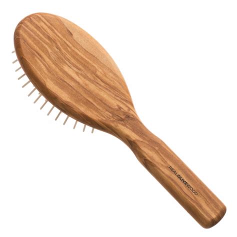 Premium Olive Wood Hair Brush with Wooden Pins & No-Pull Cushion ...