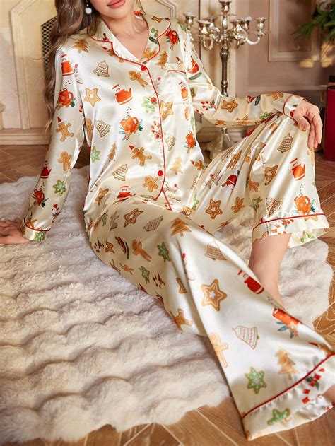 Cartoon Christmas Pattern Long Sleeve Top & Pants Pajama Sleepwear Set ...