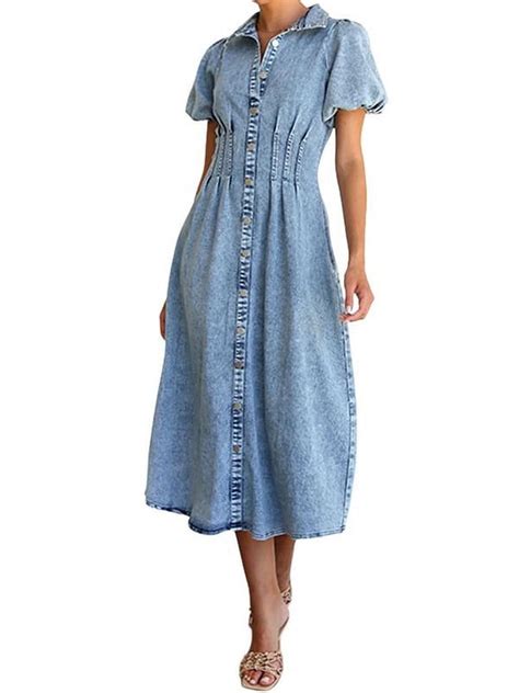 Chouyatou Women Long Denim Dress Puff Sleeve Button Down Casual Slim ...