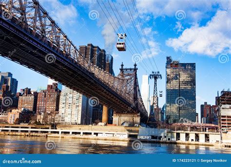 East River and Roosevelt Island Tramway System, NY Stock Image - Image ...