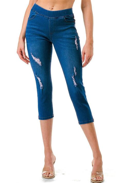 Women's Pull On Ripped Capri Jeans With Side Slit Stretch Denim Capris ...