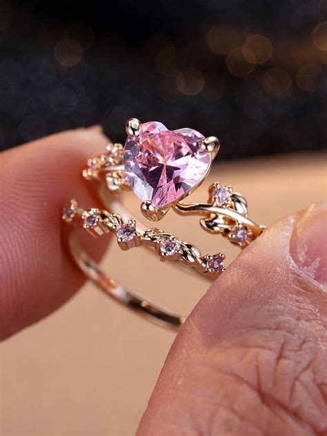 2pcs Set Women Pink Synthetic Cubic Zirconia Heart Shape Engagement ...