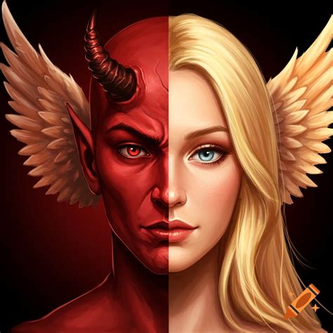 Face split in half, one side red devil with a horn, the other side a ...