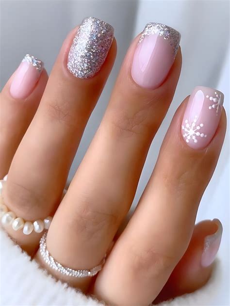 24pcs Short Square Light Pink French Fake Nails, Elegant Christmas Nail ...
